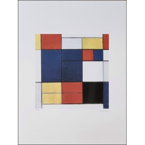 MONDRIAN PIET Paesi Bassi 1872 - New York 1944 &quot;Senza titolo&quot; Riproduzione litografica offset cm 50x66. Firma in stampa sul fronte in basso a destra, tiratura 48/200 e timbro a secco a sinistra. Sul retro ologramma di autenticit&agrave;.