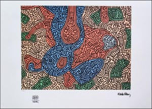 HARING KEITH Pennsylvania 1958 - New York 1990 "Senza titolo" Riproduzione litografica offset cm 70x50. Firma in stampa sul fronte in basso a destra, tiratura 72/150, timbro a secco e timbro in stampa a sinistra.