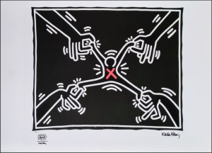 HARING KEITH Pennsylvania 1958 - New York 1990 "Senza titolo" Riproduzione litografica offset cm 70x50. Firma in stampa sul fronte in basso a destra, tiratura 78/150, timbro a secco e timbro in stampa a sinistra.