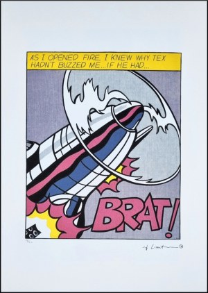 LICHTENSTEIN ROY New York 1923 - 1997 "Senza titolo" Riproduzione litografica offset cm 35x50. Firma in stampa sul fronte in basso a destra, tiratura 62/150 a sinistra. Sul retro ologramma di autenticità.