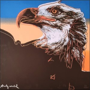WARHOL ANDY Pittsburgh 1928 - New York 1987 "Eagle" Riproduzione litografica offset su cartoncino cm 60x60. Firmata in stampa sul fronte in basso a sinistra, tiratura a matita 87/2400 in basso a destra. Sul retro timbro Edizioni CMOA e ologramma