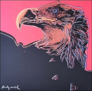 WARHOL ANDY Pittsburgh 1928 - New York 1987 "Eagle" Riproduzione litografica offset su cartoncino cm 60x60. Firmata in stampa sul fronte in basso a sinistra, tiratura a matita 283/2400 in basso a destra. Sul retro timbro Edizioni CMOA e ologramm
