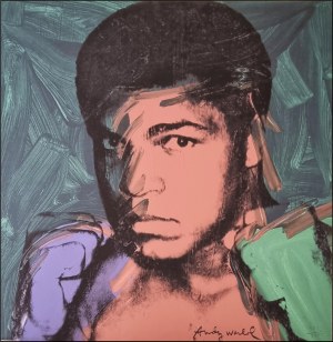 WARHOL ANDY Pittsburgh 1928 - New York 1987 "Muhammad Al&igrave;" Riproduzione litografica offset su cartoncino cm 60x60. Firmata in stampa sul fronte in basso a destra, tiratura a matita 325/2400 in basso a sinistra. Sul retro timbro Edizioni C