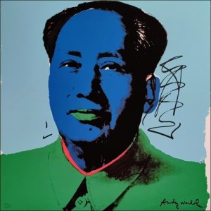 WARHOL ANDY Pittsburgh 1928 - New York 1987 "Mao Tse-tung" Riproduzione litografica offset su cartoncino cm 60x60. Firmata in stampa sul fronte in basso a destra, tiratura a matita a sinistra. Sul retro timbro Edizioni CMOA e ologramma di autent