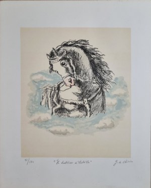 DE CHIRICO GIORGIO Grecia 1888 - Roma 1978 "I destrieri di Achille" Litografia a colori cm 35x44. Firmata sul fronte in basso a destra, intitolata al centro, tiratura 88/120 a sinistra. Al retro etichetta di garanzia a cura di Edizioni Bora.