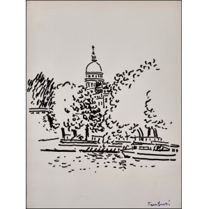 TAMBURI ORFEO Jesi 1910 - Parigi 1994 &quot;Parigi - La cuple de l'institut della Senna&quot; Pennarello su cartoncino cm 17x22, corredato di passepartout. Firmato sul fronte in basso a destra. Autentica su foto a cura del Maestro.