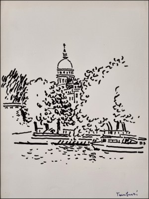 TAMBURI ORFEO Jesi 1910 - Parigi 1994 "Parigi - La cuple de l'institut della Senna" Pennarello su cartoncino cm 17x22, corredato di passepartout. Firmato sul fronte in basso a destra. Autentica su foto a cura del Maestro.