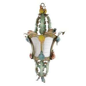 Lantern suspended from a polychrome wrought iron light