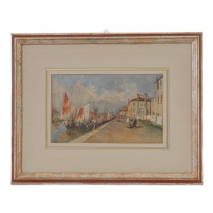 Vue du port avec des bateaux, des personnages et des bâtiments