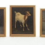 Lot of three paintings: goat, donkey and chickens