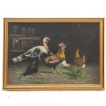 Lot of three paintings: goat, donkey and chickens
