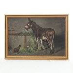 Lot of three paintings: goat, donkey and chickens