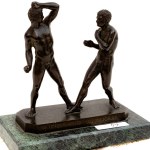 Wrestlers, bronze group with brown patina
