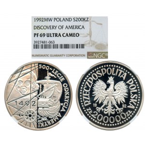 200.000 złotych 1992 - 500-lecie odkrycia Ameryki - NGC PF69 ULTRA CAMEO