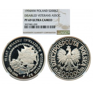 200.000 złotych 1994 75 Lat Związku Inwalidów Wojennych RP - NGC PF69 ULTRA CAMEO