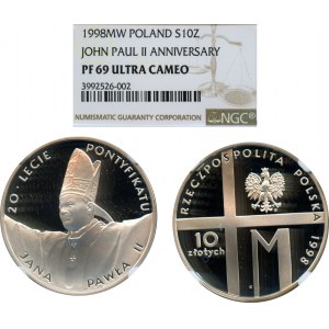 10 złotych 1998 20-lecie pontyfikatu Jana Pawła II - NGC PF69 ULTRA CAMEO