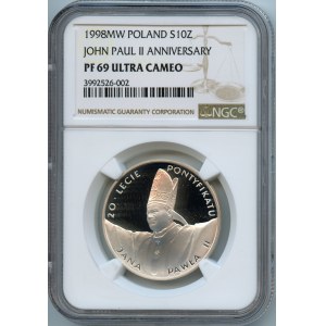 10 złotych 1998 20-lecie pontyfikatu Jana Pawła II - NGC PF69 ULTRA CAMEO