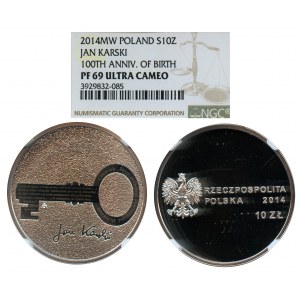 10 złotych 2014, 100 rocznica urodzin Jana Karskiego - NGC PF69 ULTRA CAMEO