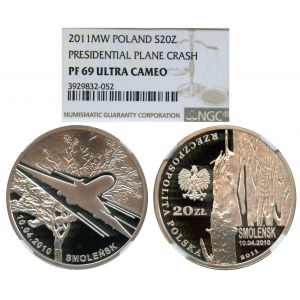 20 złotych 2011, Smoleńsk 10.04.2010 (samolot i brzoza) - NGC PF69 ULTRA CAMEO