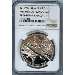 20 złotych 2011, Smoleńsk 10.04.2010 (samolot i brzoza) - NGC PF69 ULTRA CAMEO