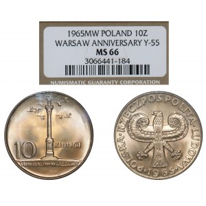 PRL, 10 złotych 1965 - Duża Kolumna - NGC MS66