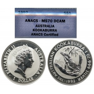 Australia, 1 dolar 1992, Kookaburra, ANACS MS70 DCAM