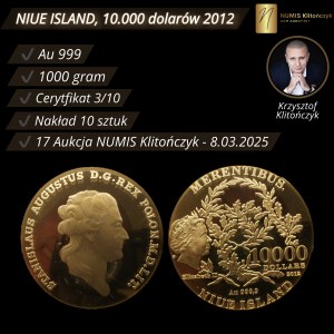 NIUE ISLAND, 10.000 dolarów 2012, Au 999, kilogram czystego złota, nakład tylko 10 sztuk