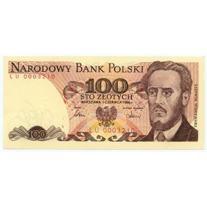 100 złotych 1986 - seria LU, niski numer 0003210