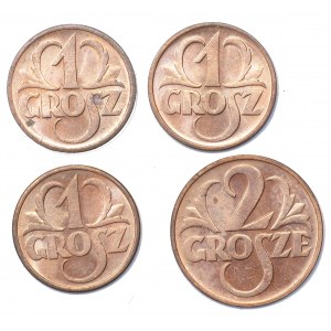 II RP, 1 grosz 1938 i 2 grosze 1939, zestaw 4 sztuk monet