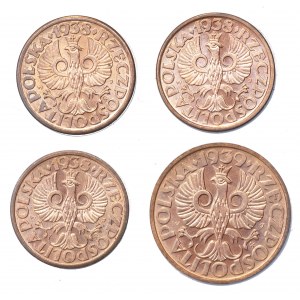II RP, 1 grosz 1938 i 2 grosze 1939, zestaw 4 sztuk monet