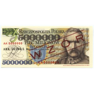 5.000.000 złotych 1995 - REPLIKA - seria AA 0000000, ark 54/100/5, WZÓR/SPECIMEN
