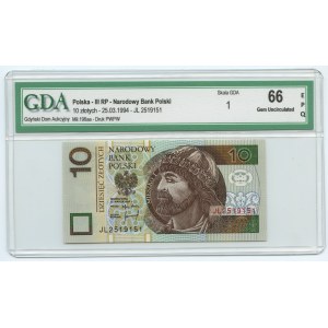 10 zlotých 1994 - Série JL 1915125 - GDA 66 EPQ
