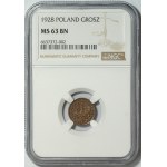 II RP, 1 grosz 1928 - NGC MS 63 BN