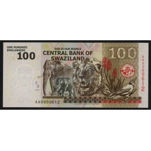 Afryka - Swaziland (Eswatini), 100 Emalangeni 2010, niski numer seryjny AA 0000612