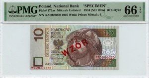 10 zlotých 1994 - AA 0000000, č. 1056 MODEL/SPECIMEN - PMG 66 EPQ