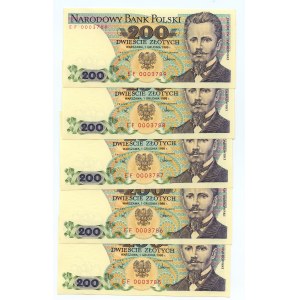 200 zlotých 1988 - Série EF 0003785 - 0003789 sada 5 postupně číslovaných bankovek