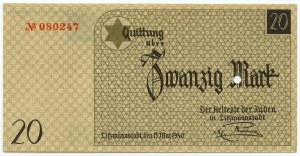 Getto Łódź (Litzmannstadt Ghetto), 20 marek 1940, perforowany, papier ze znakiem wodnym, Ilustrowany w katalogu Czesława Miłczaka, ex PMG 64
