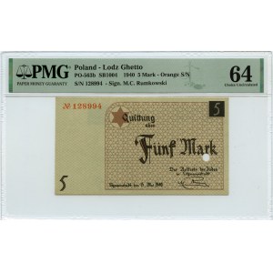 Getto Łódź (Litzmannstadt Ghetto), 5 marek 1940, numerator pomarańczowy, papier kartonowy, PMG 64, jednokrotnie perforowany