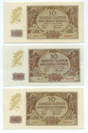 10 zloty 1940 - H,J,L series set of 3 banknotes