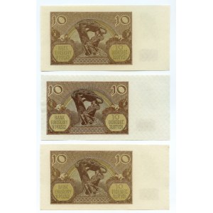 10 złotych 1940 - seria H, J,L zestaw 3 sztuk banknotów