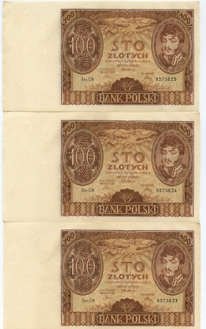 100 zlotých 1934 - séria C.N., sada 3 kusov po sebe idúcich sériových čísel