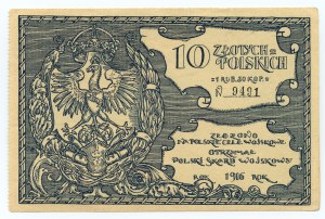 Polská vojenská pokladna - 10 polských zlotých = 1 rubl 50 kopějek 1916