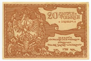 Polská vojenská pokladna 20 zlotých = 3 rubly 1916