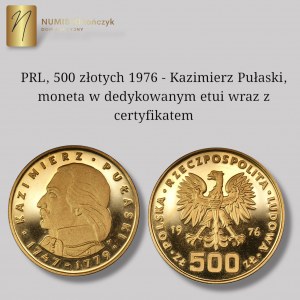 PRL, 500 złotych 1976 - Kazimierz Pułaski, moneta w dedykowanym etui wraz z certyfikatem