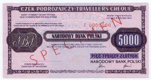 NATIONAL BANK OF POLAND - SPECIMEN T 0000000 - traveler's check 5000 PLN.