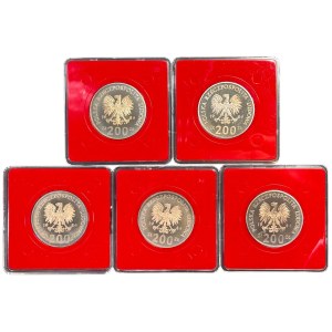 PRL, set 5 monet, 200 złotych 1986