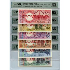 III RP, Miasta Polskie, 1, 2, 5, 10, 20, 50, 100, 200 i 500 złotych 1990, NIEOBIEGOWY, zestaw 9 banknotów, PMG 65-67 EPQ