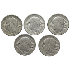 II RP, 5 gold 1932-1936, Polonia, set of 5 pieces