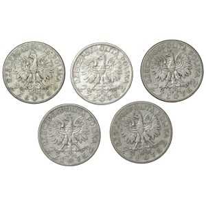 II RP, 5 gold 1932-1936, Polonia, set of 5 pieces