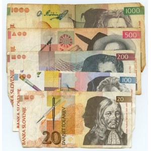 Słowenia, 20, 100, 200, 500 oraz 1000 tolarjev (1992-1997), zestaw 6 sztuk banknotów